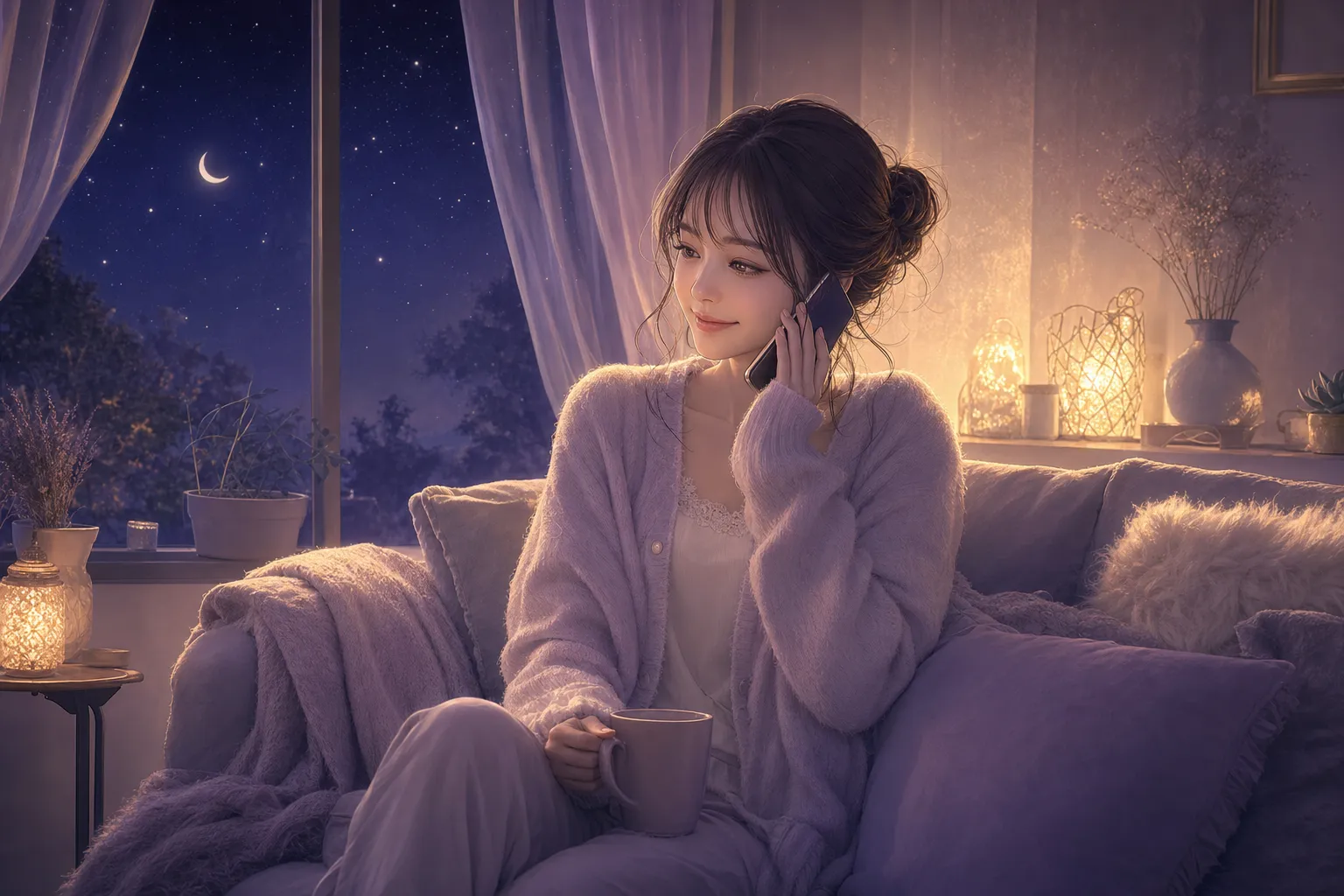 夜の部屋で、電話越しに悩みを聞いてもらってほっとした表情を浮かべる女性のイラスト